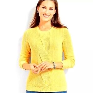 Talbots Cable Knit Sweater Pullover Melange Bright Yellow Cotton Long Sleeve S